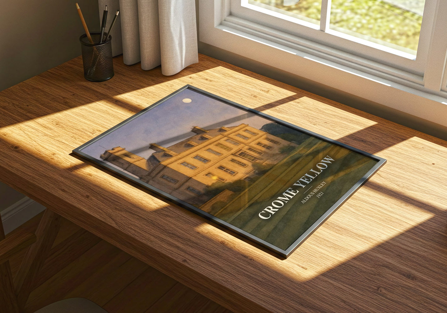 Crome Yellow watercolour book poster framed on wall – satire wall art