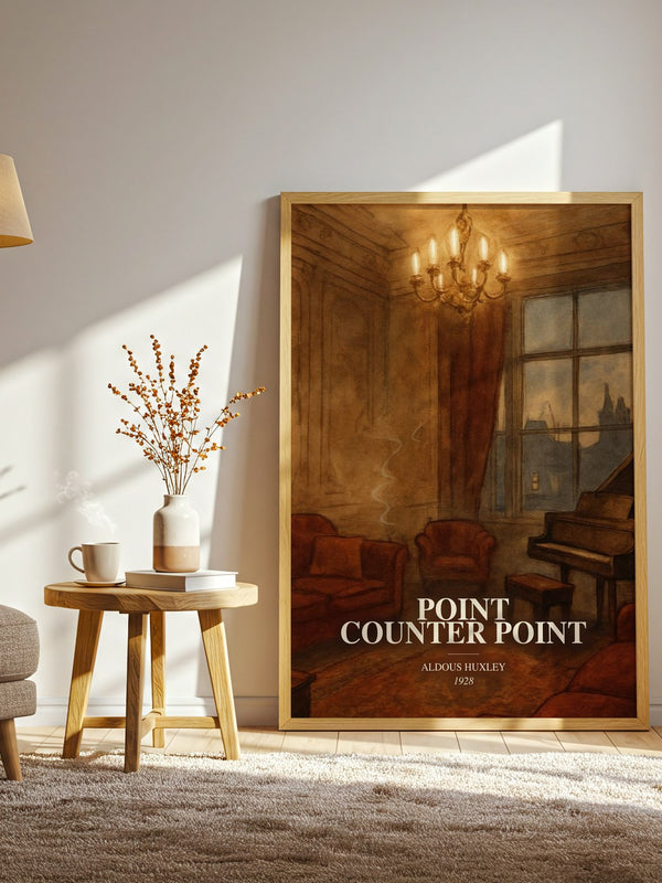Point Counter Point watercolour print in frame leaning in hallway – literary fiction wall art