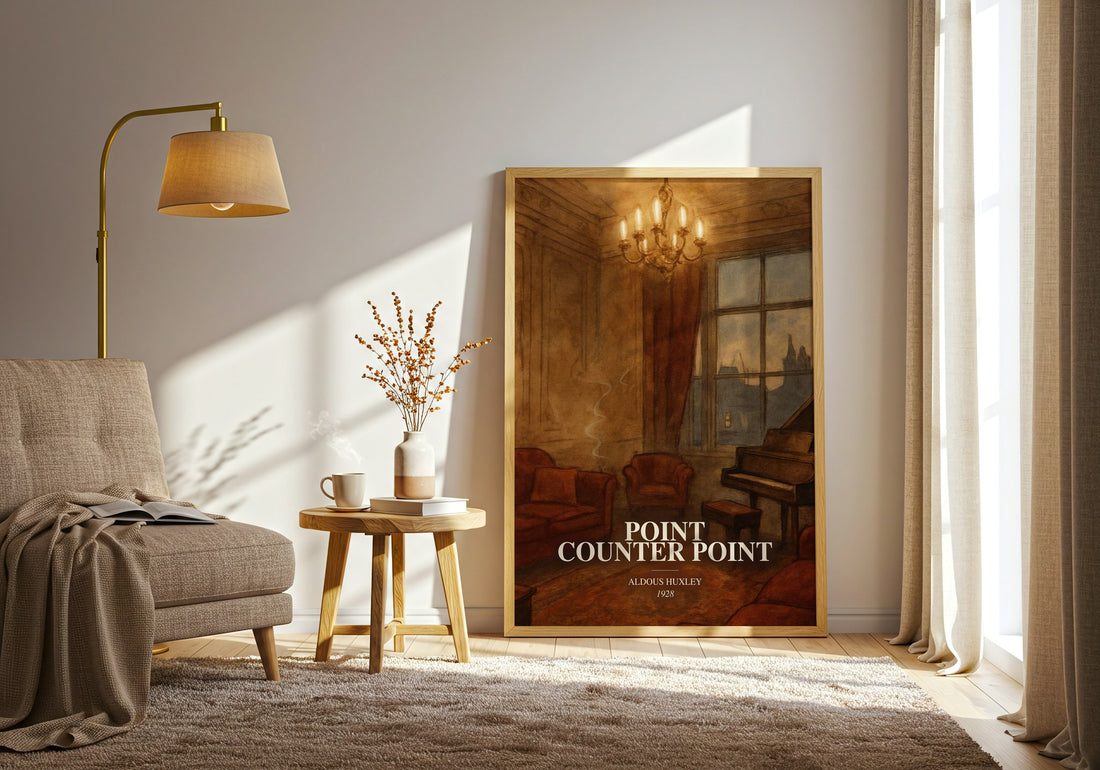 Point Counter Point watercolour print in frame leaning in hallway – literary fiction wall art (mockup)
