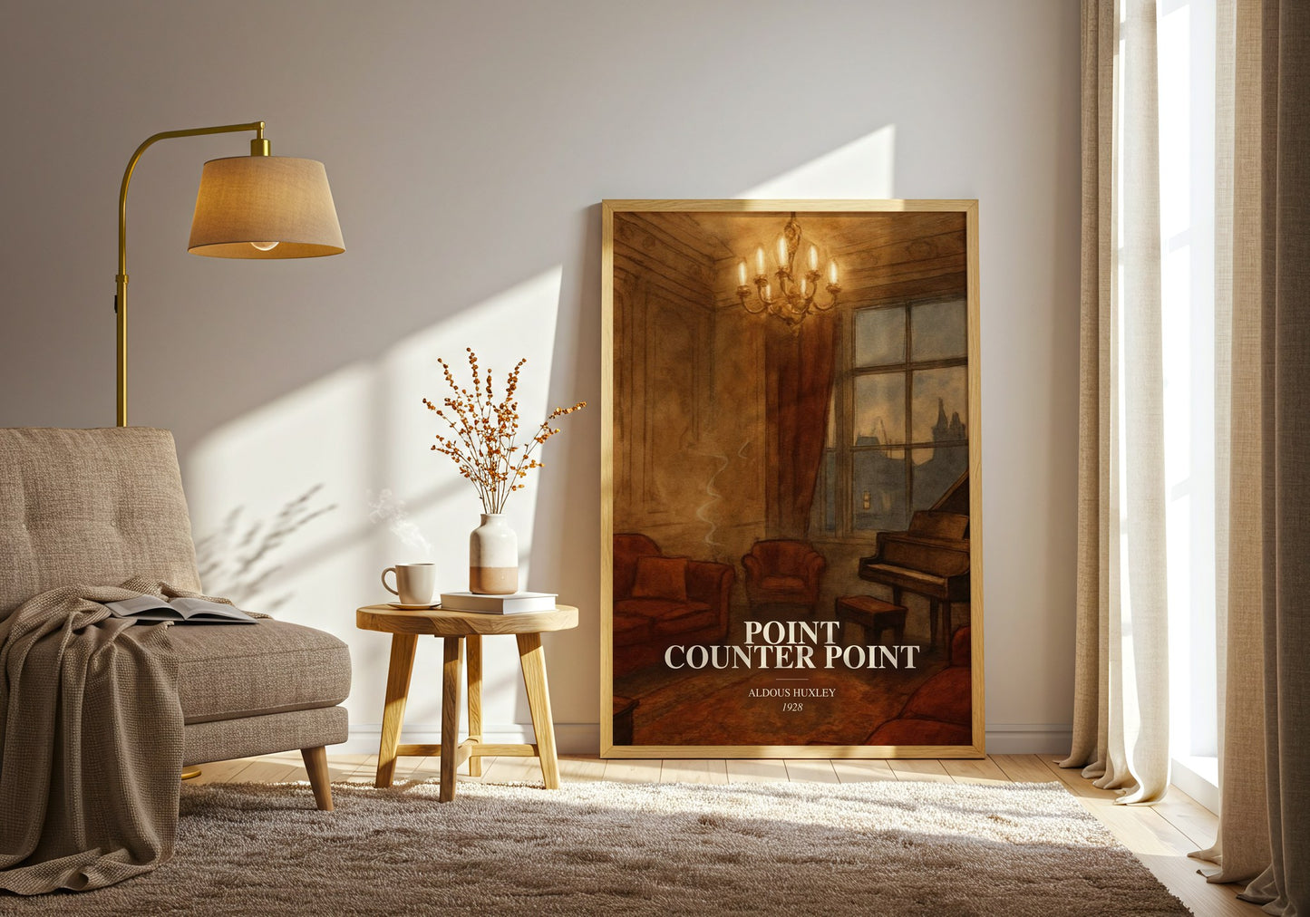 Point Counter Point watercolour print in frame leaning in hallway – literary fiction wall art