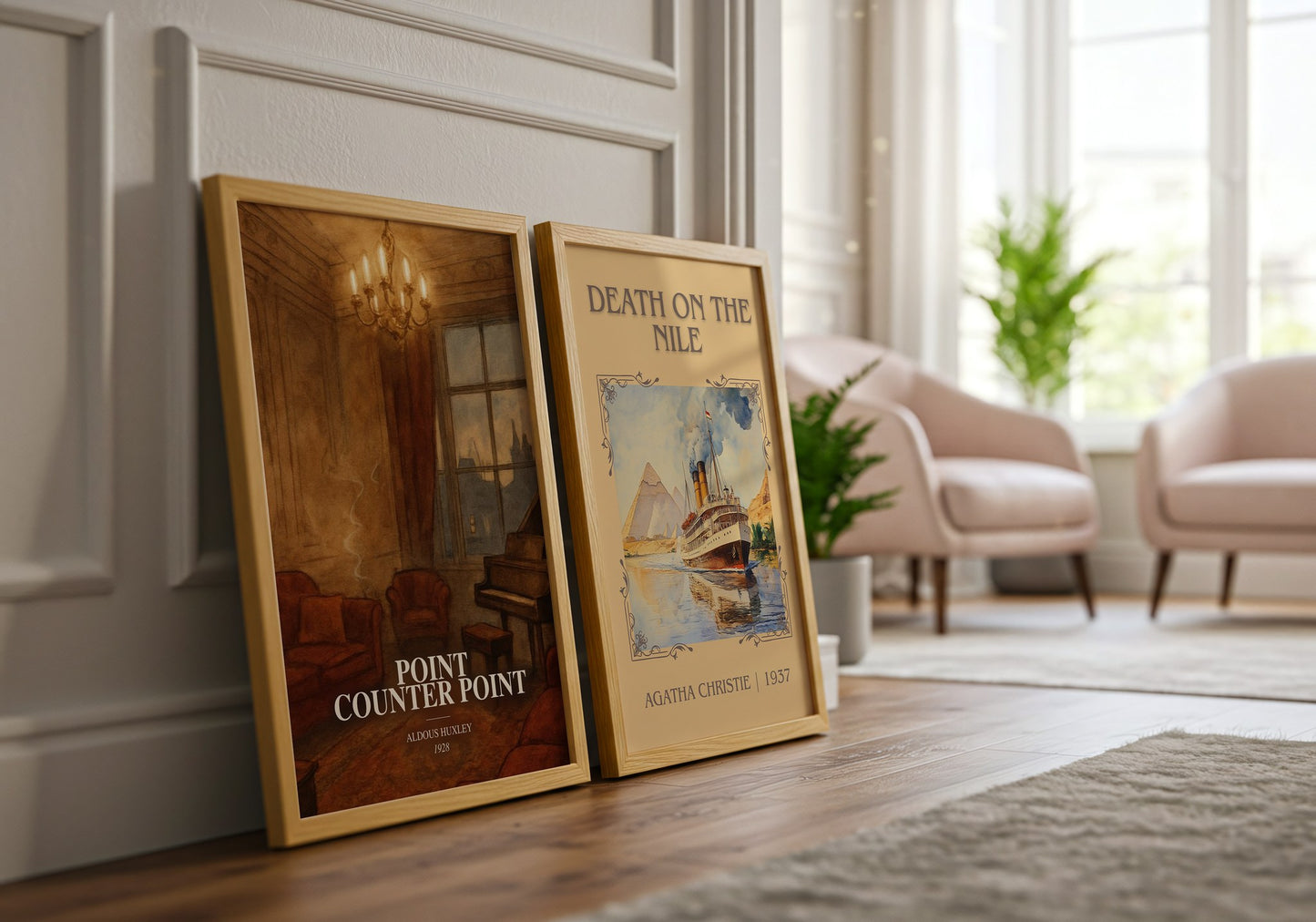 Point Counter Point watercolour print framed by window – literary home decor