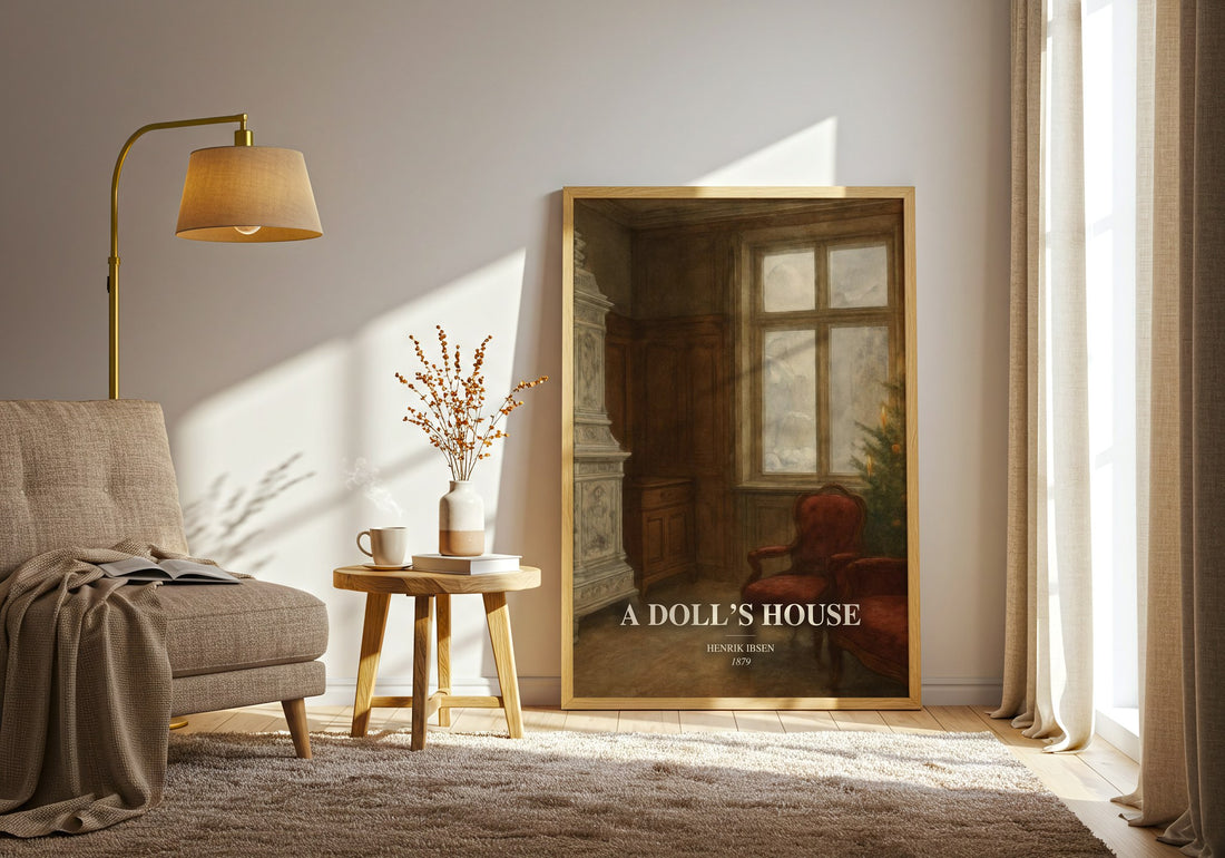 A Doll’S House watercolour print in frame leaning in hallway – classic literature wall art (mockup)