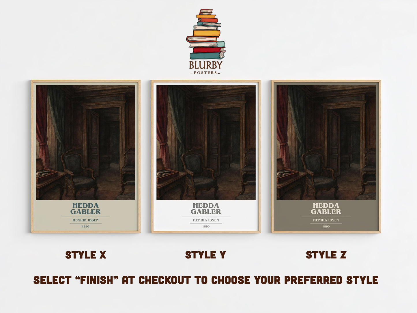 Hedda Gabler book cover print in frame leaning in hallway – satire wall art