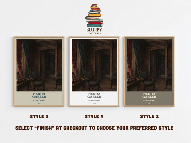 Hedda Gabler book cover print in frame leaning in hallway – satire wall art