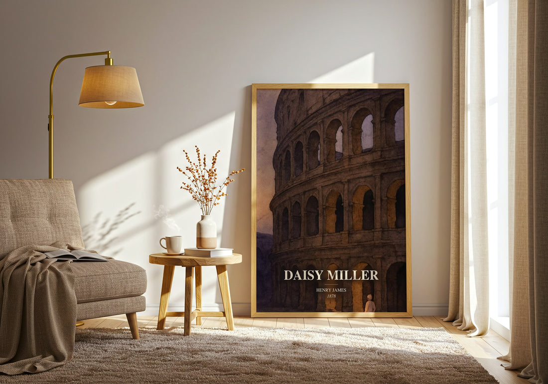 Daisy Miller watercolour print in frame leaning in hallway – classic literature wall art (mockup)