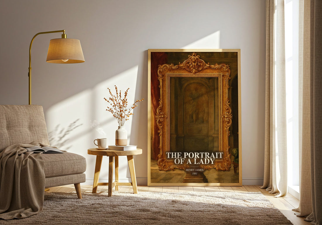 The Portrait Of A Lady watercolour print in frame leaning in hallway – classic literature wall art (mockup)