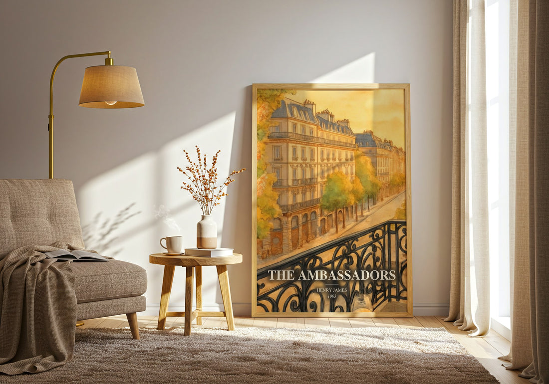 The Ambassadors watercolour print in frame leaning in hallway – classic literature wall art (mockup)