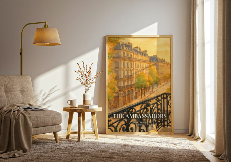 The Ambassadors watercolour print in frame leaning in hallway – classic literature wall art