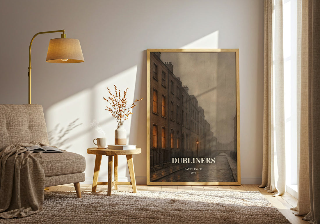 Dubliners watercolour print in frame leaning in hallway – classic literature wall art (mockup)