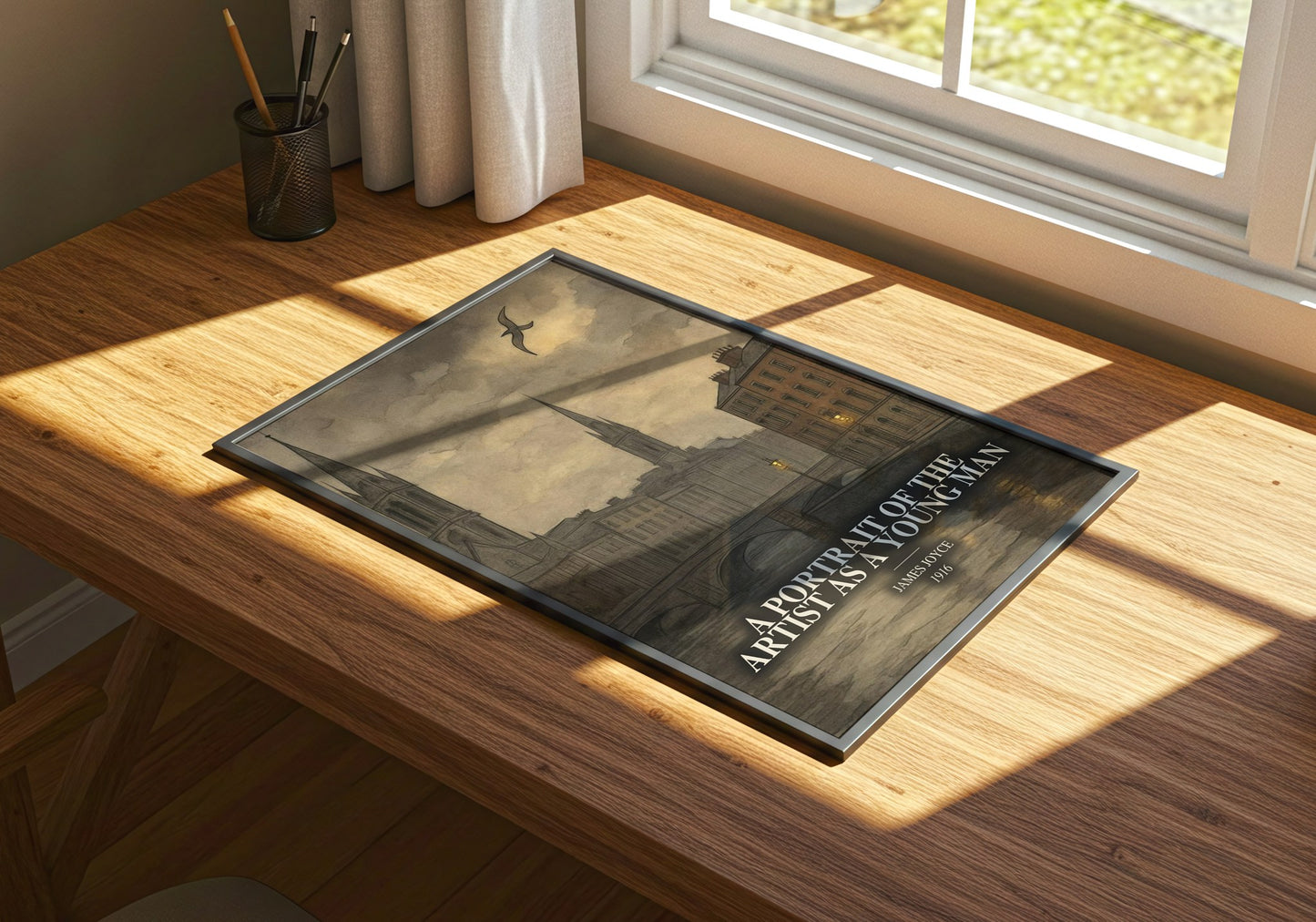 A Portrait Of The Artist As A Young Man watercolour book poster framed on wall – coming of age wall art