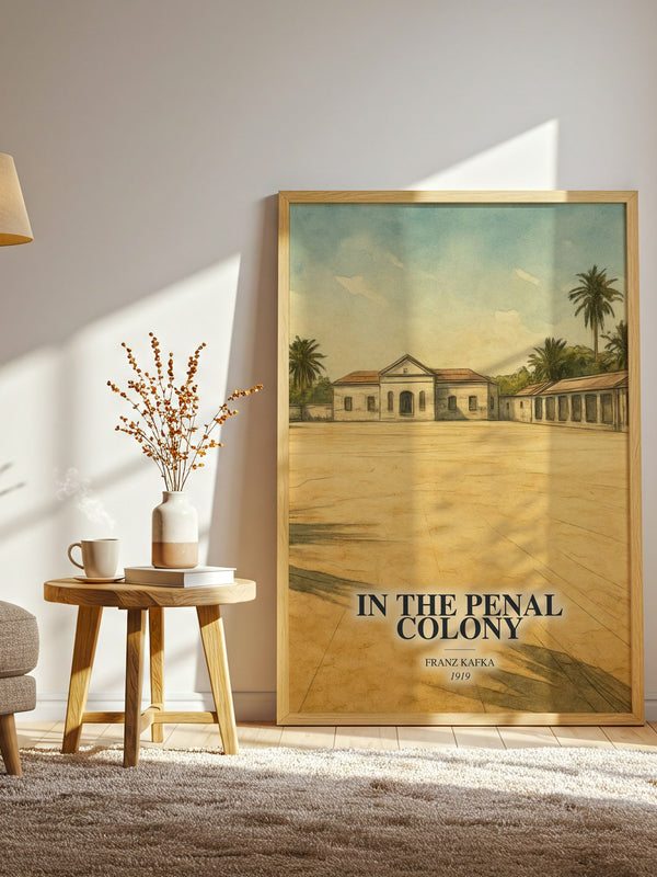 In The Penal Colony watercolour print in frame leaning in hallway – literary fiction wall art