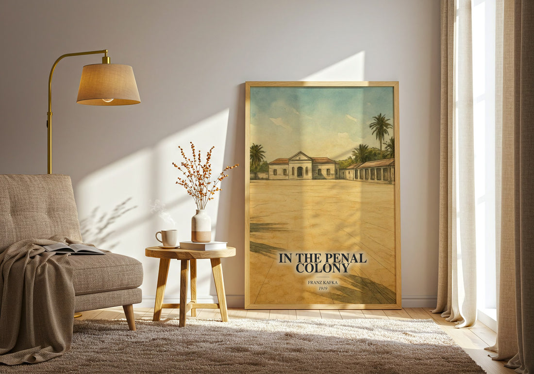In The Penal Colony watercolour print in frame leaning in hallway – literary fiction wall art (mockup)