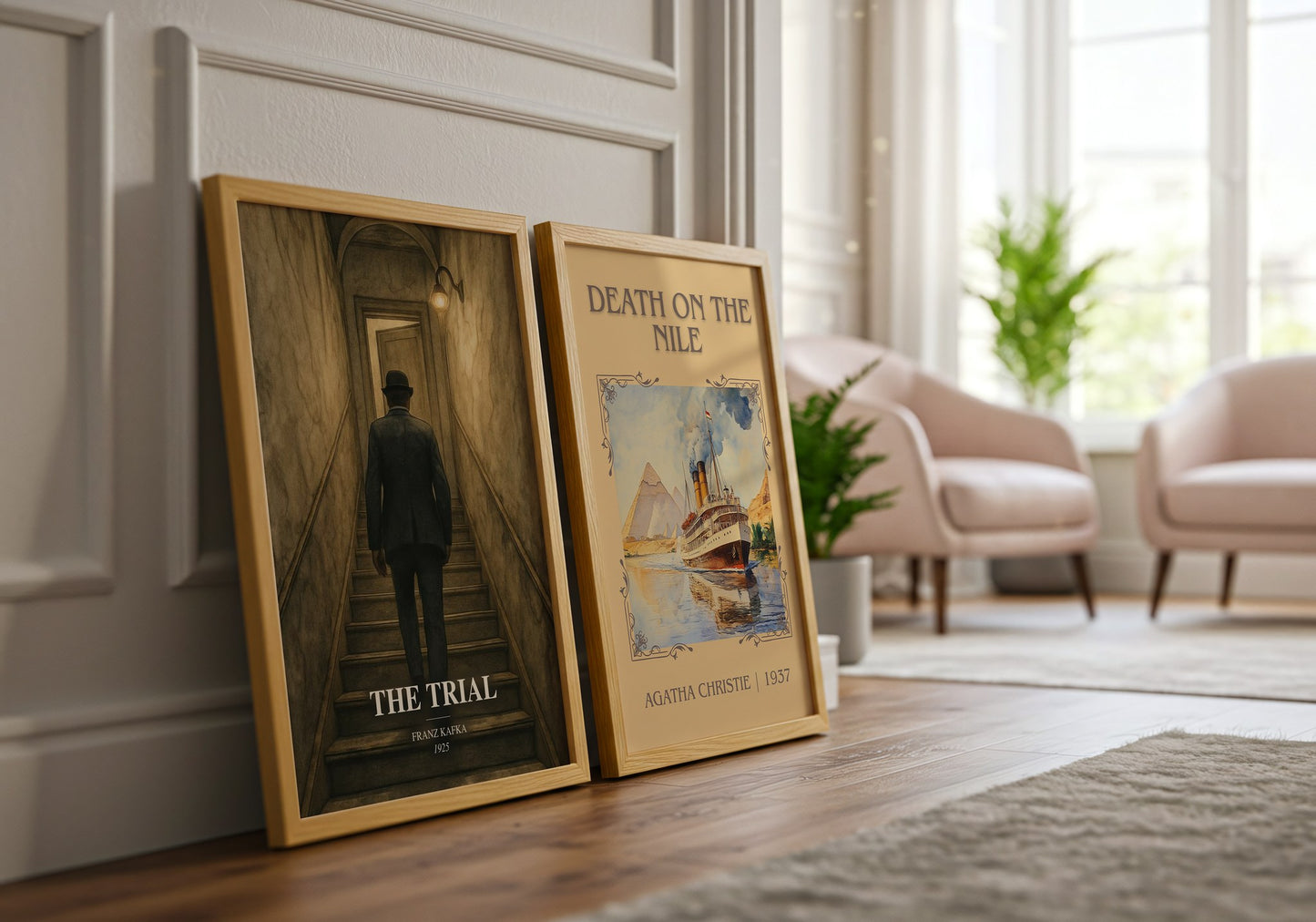 The Trial watercolour print framed by window – literary home decor
