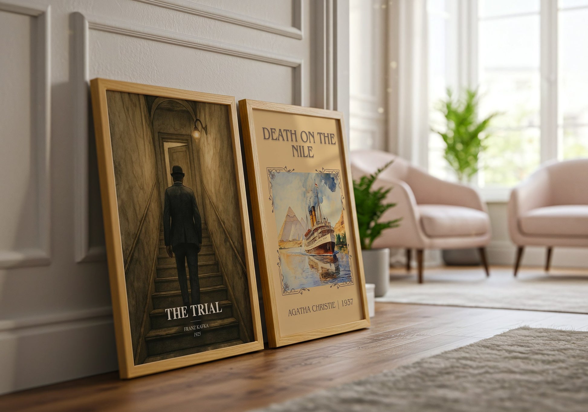 The Trial watercolour print framed by window – literary home decor