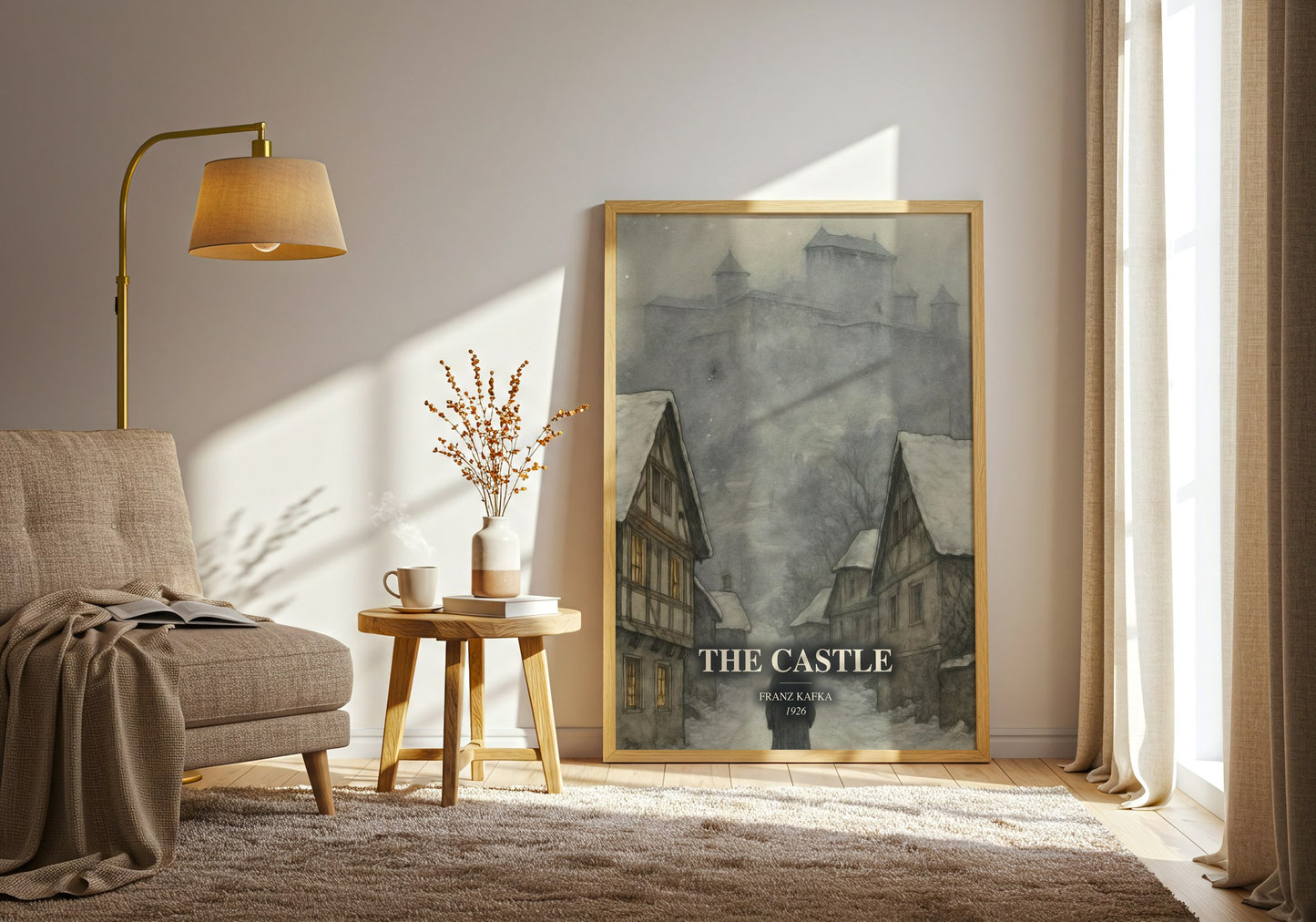 The Castle watercolour print in frame leaning in hallway – literary fiction wall art