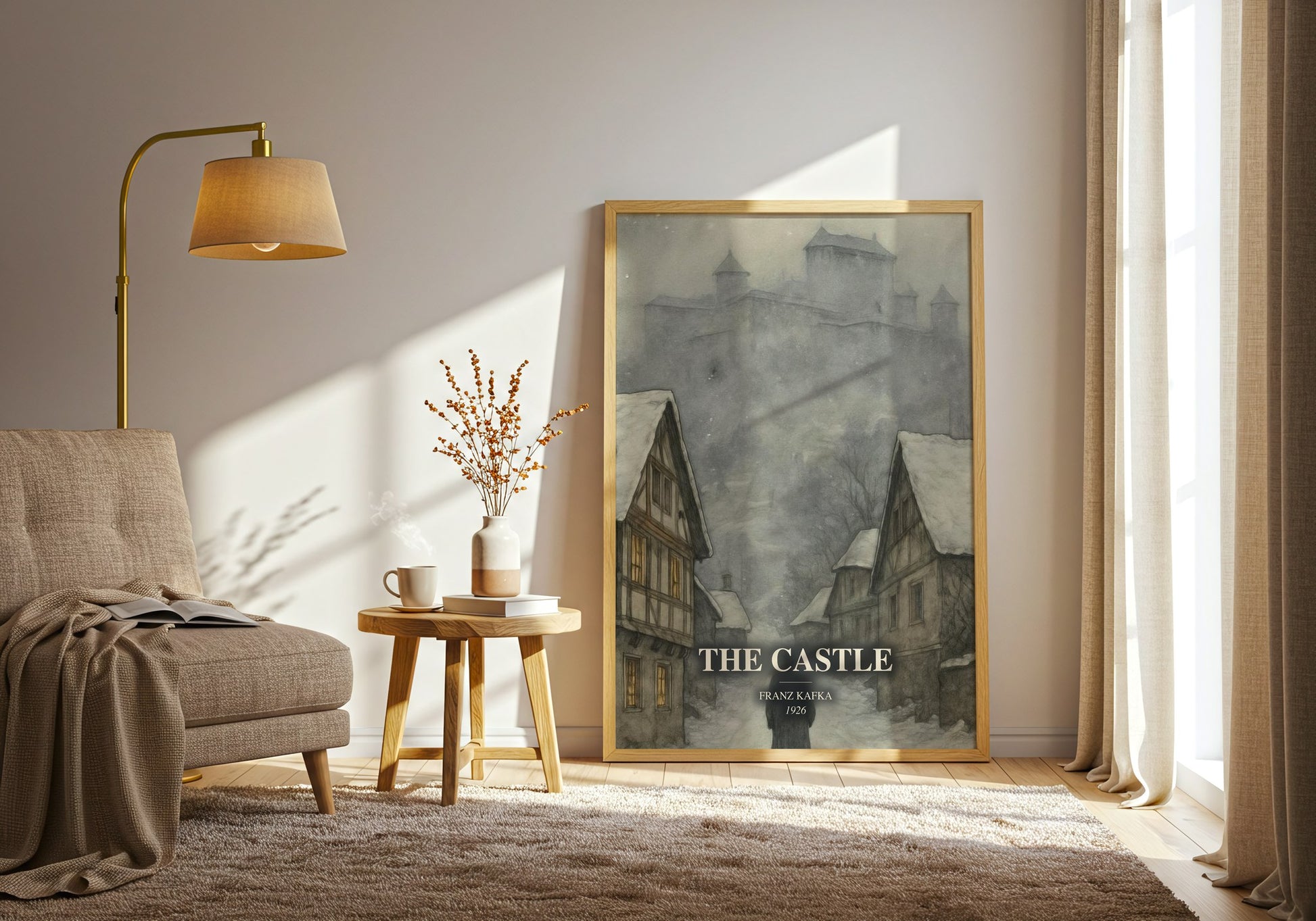 The Castle watercolour print in frame leaning in hallway – literary fiction wall art