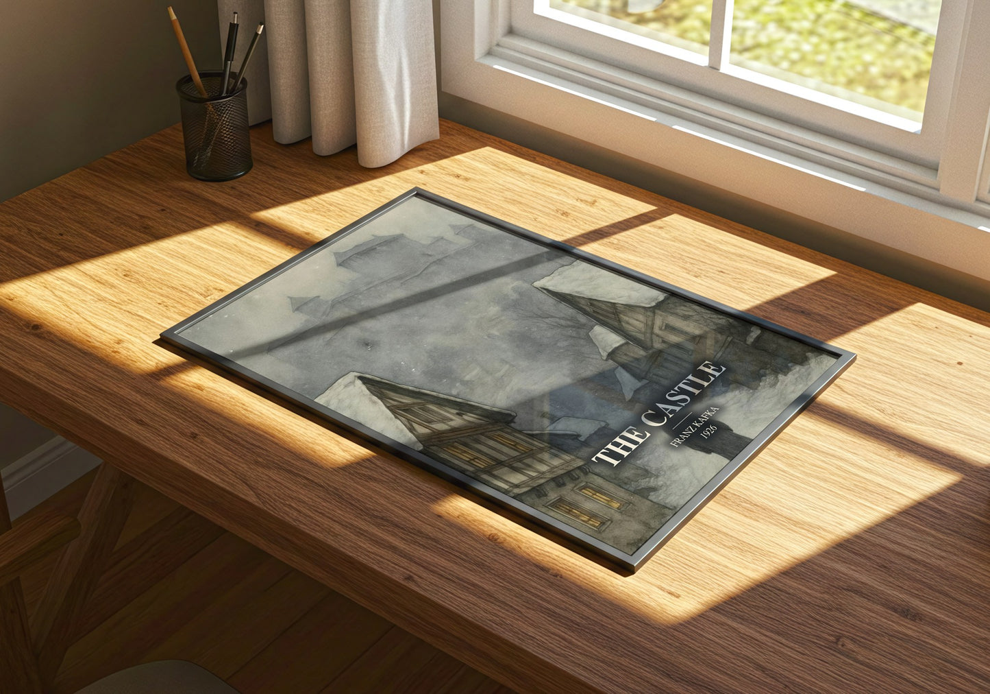The Castle watercolour book poster framed on wall – literary fiction wall art