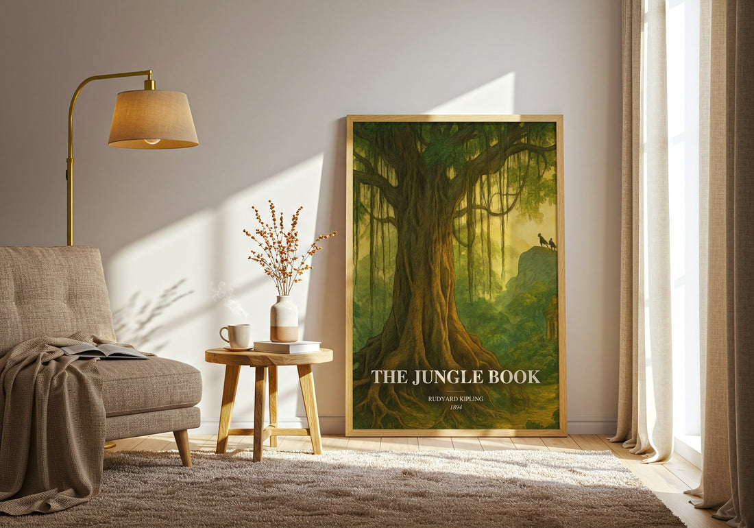 The Jungle Book watercolour print in frame leaning in hallway – childrens wall art (mockup)