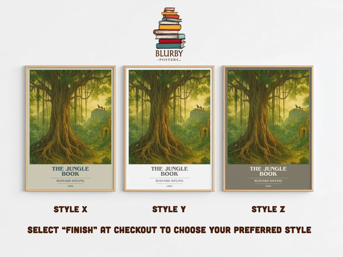 The Jungle Book book cover print in frame leaning in hallway – childrens wall art (mockup)