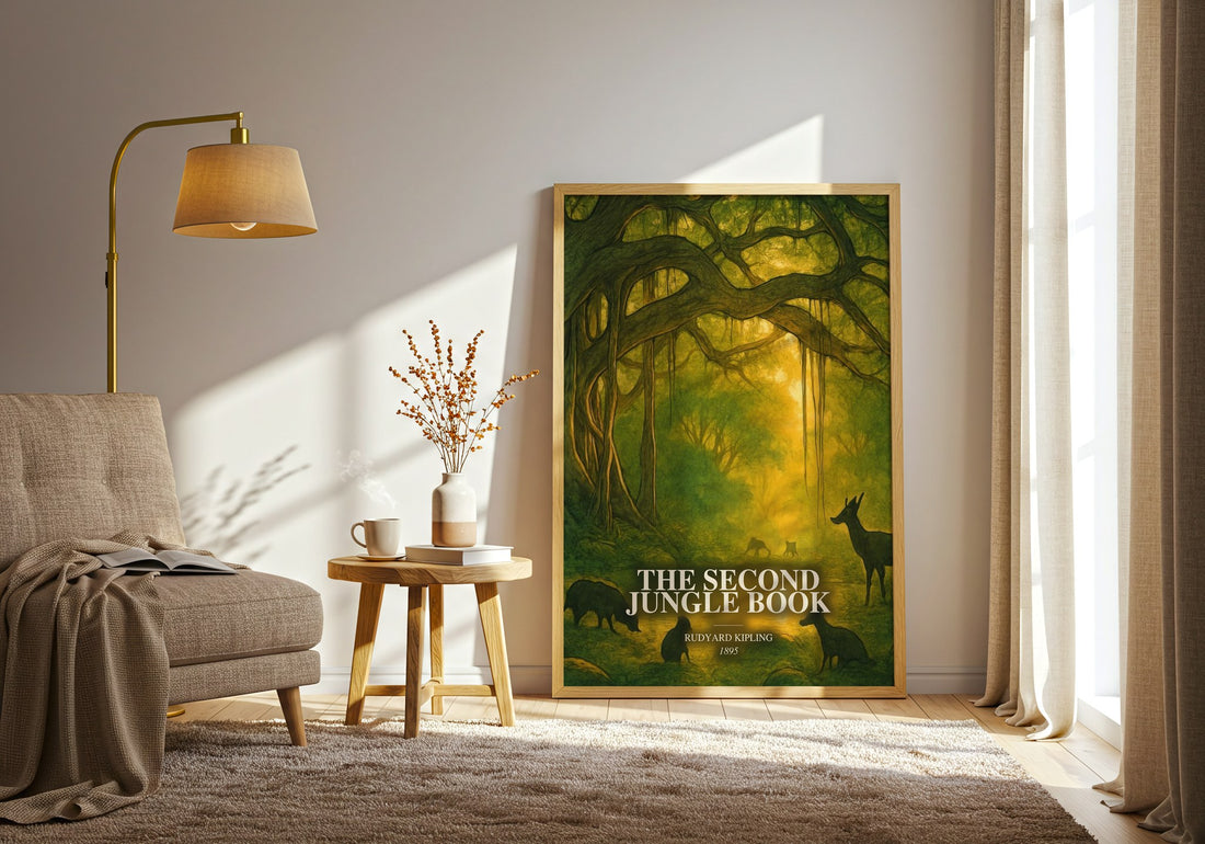 The Second Jungle Book watercolour print in frame leaning in hallway – childrens wall art (mockup)