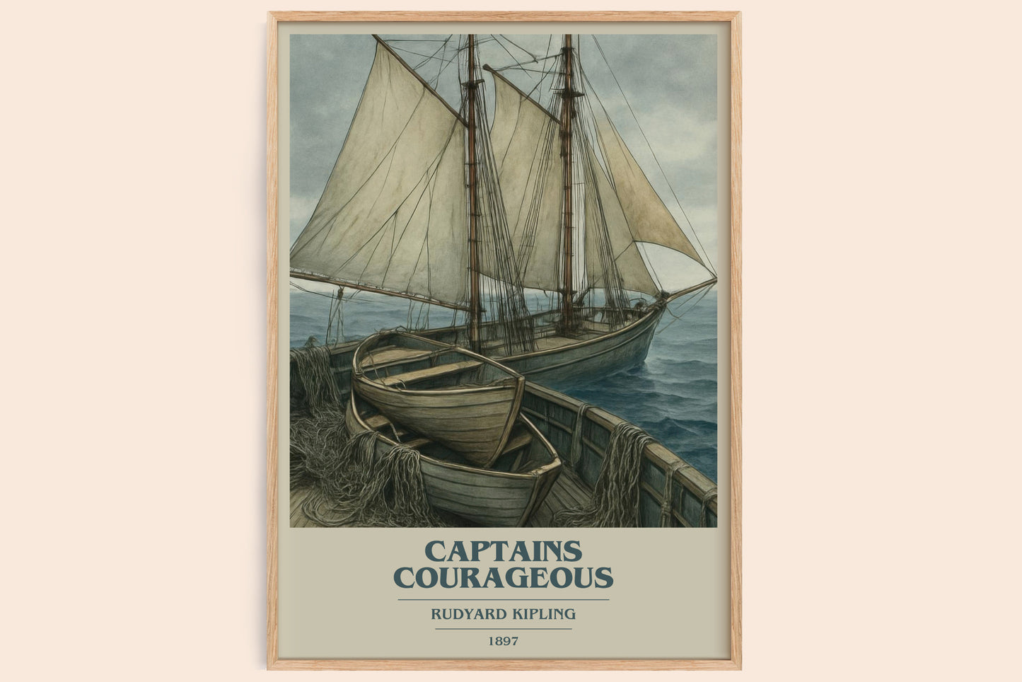 Captains Courageous book cover book poster by Rudyard Kipling – framed literary art print