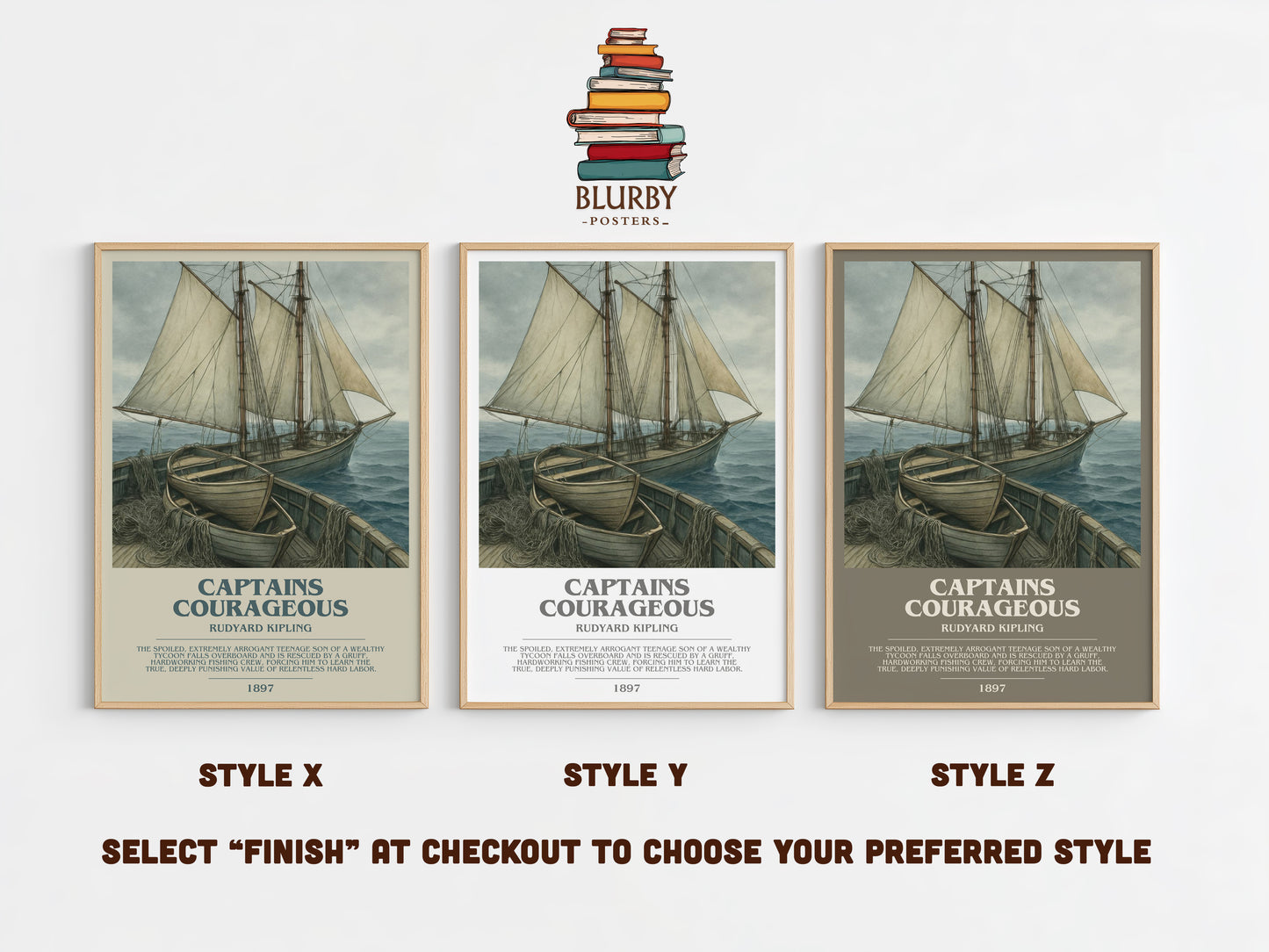 Captains Courageous bookish print in frame leaning in hallway – coming of age wall art
