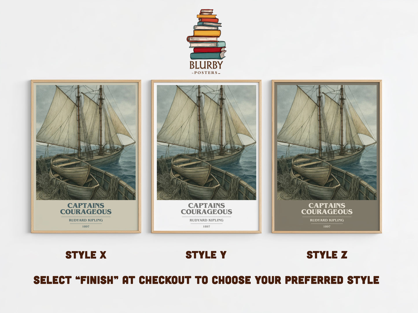 Captains Courageous book cover print in frame leaning in hallway – coming of age wall art