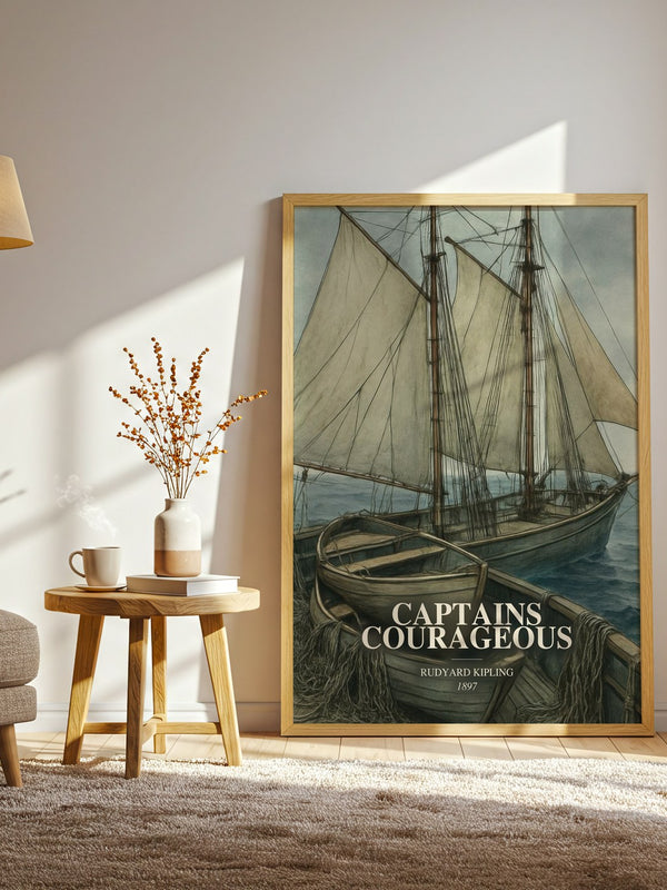 Captains Courageous watercolour print in frame leaning in hallway – coming of age wall art