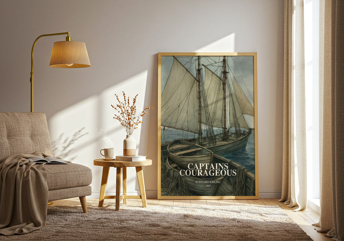 Captains Courageous watercolour print in frame leaning in hallway – coming of age wall art (mockup)