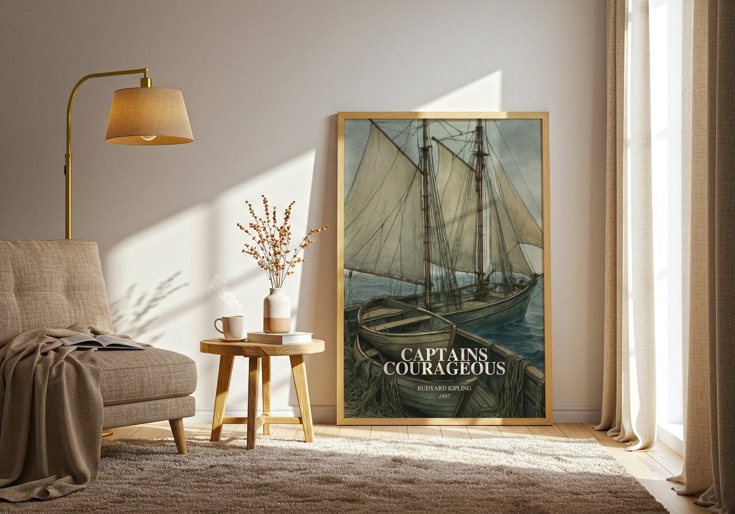 Captains Courageous watercolour print in frame leaning in hallway – coming of age wall art