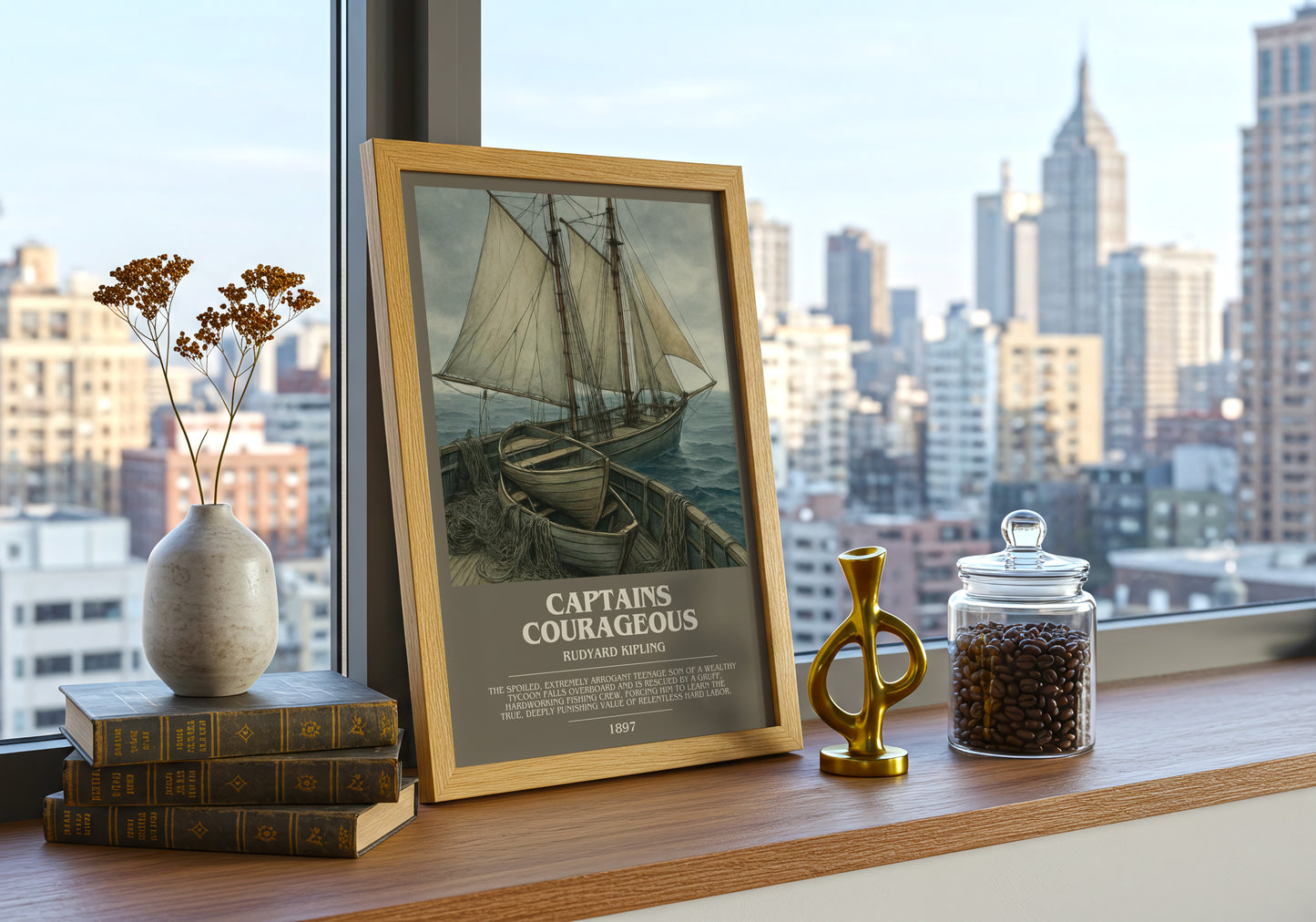 Captains Courageous bookish print framed by window – literary home decor