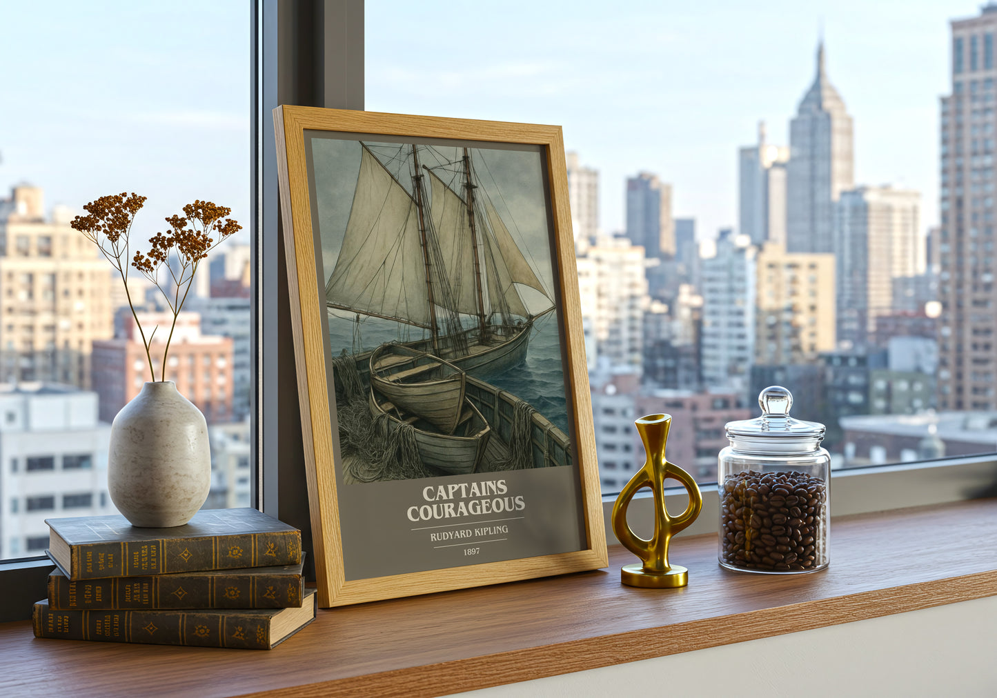 Captains Courageous book cover print framed by window – literary home decor