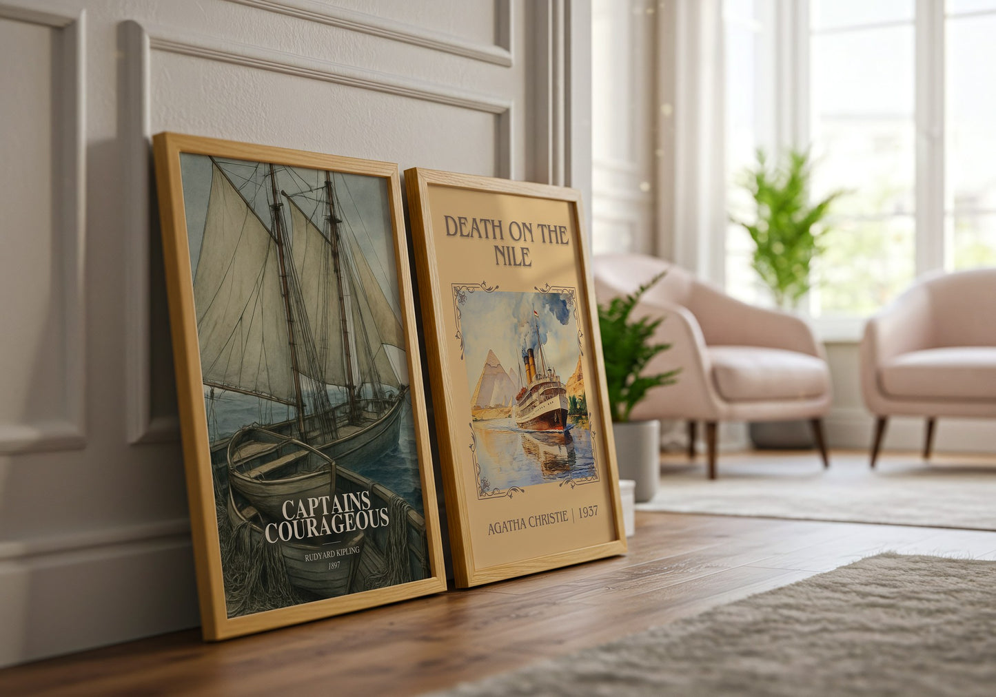 Captains Courageous watercolour print framed by window – literary home decor