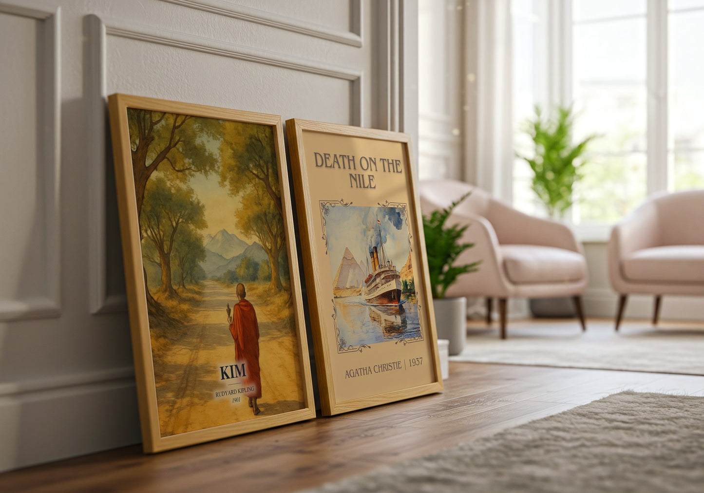 Kim watercolour print framed by window – literary home decor