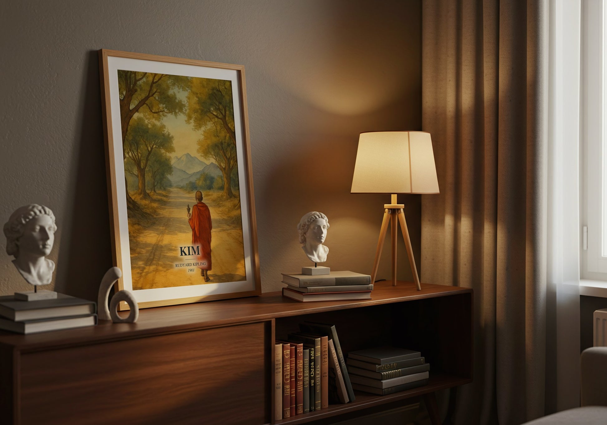 Kim watercolour print on bookshelf – Rudyard Kipling fan gift
