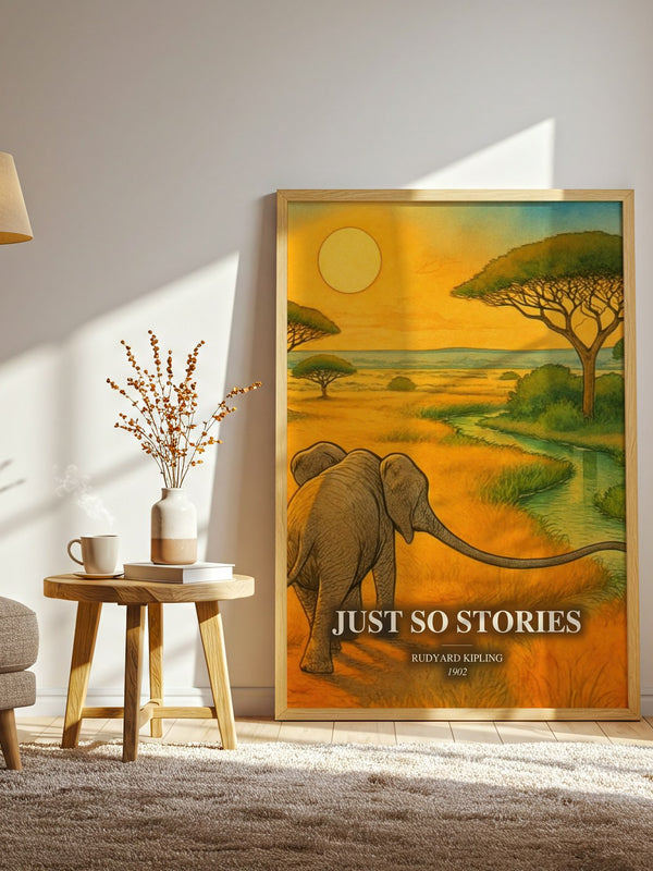 Just So Stories watercolour print in frame leaning in hallway – childrens wall art
