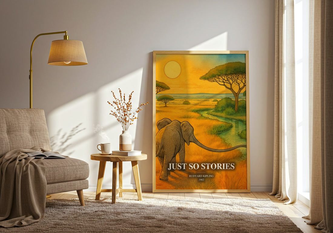 Just So Stories watercolour print in frame leaning in hallway – childrens wall art (mockup)