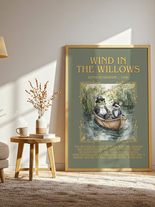 The Wind in the Willows minimalist print in frame leaning in hallway – childrens wall art