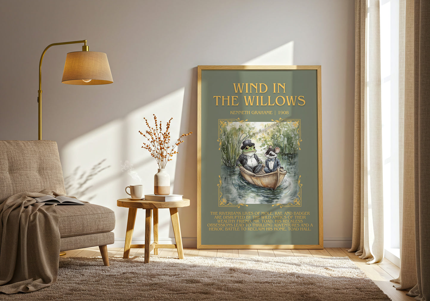 The Wind in the Willows minimalist print in frame leaning in hallway – childrens wall art
