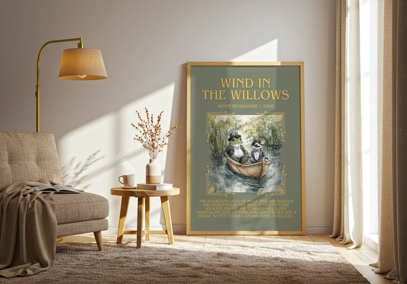 The Wind in the Willows minimalist print in frame leaning in hallway – childrens wall art