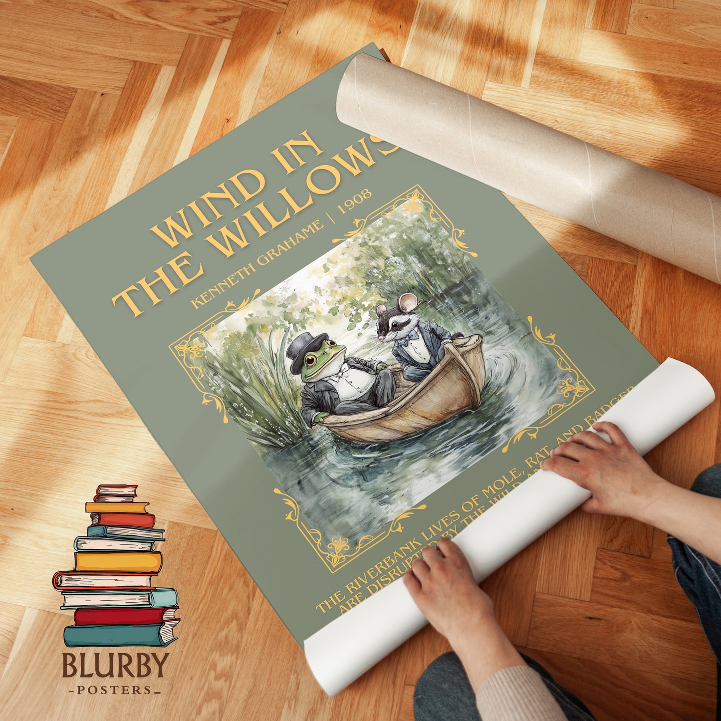 The Wind in the Willows minimalist print on bookshelf – Kenneth Grahame fan gift