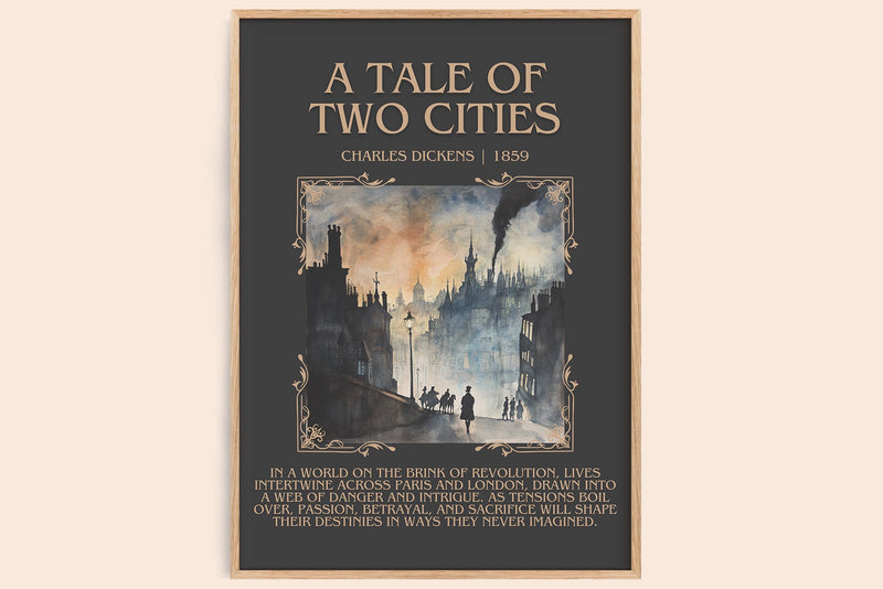 A Tale of Two Cities minimalist print in frame leaning in hallway – historical fiction wall art