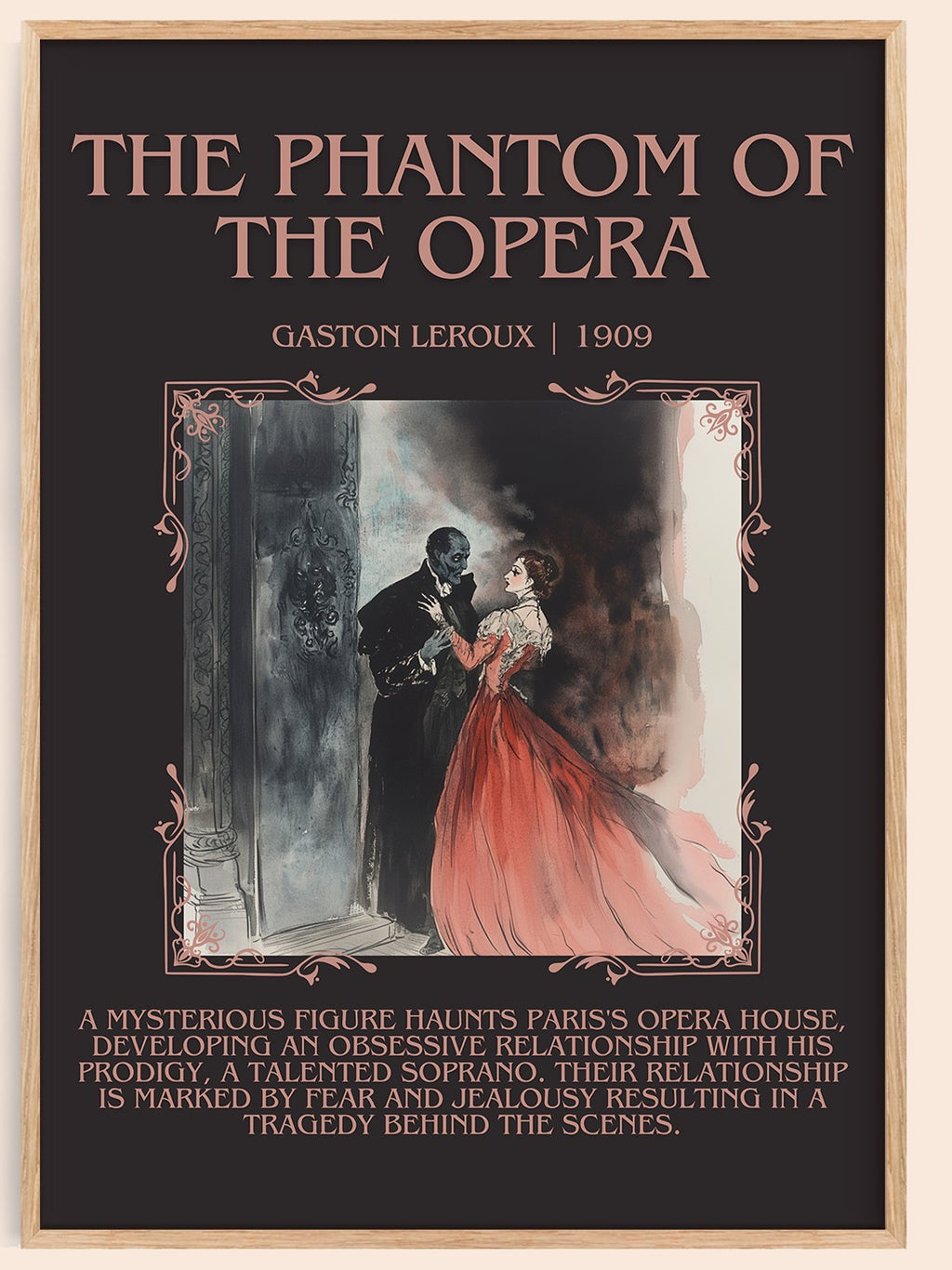 The Phantom of the Opera minimalist book poster by Gaston Leroux – framed literary art print