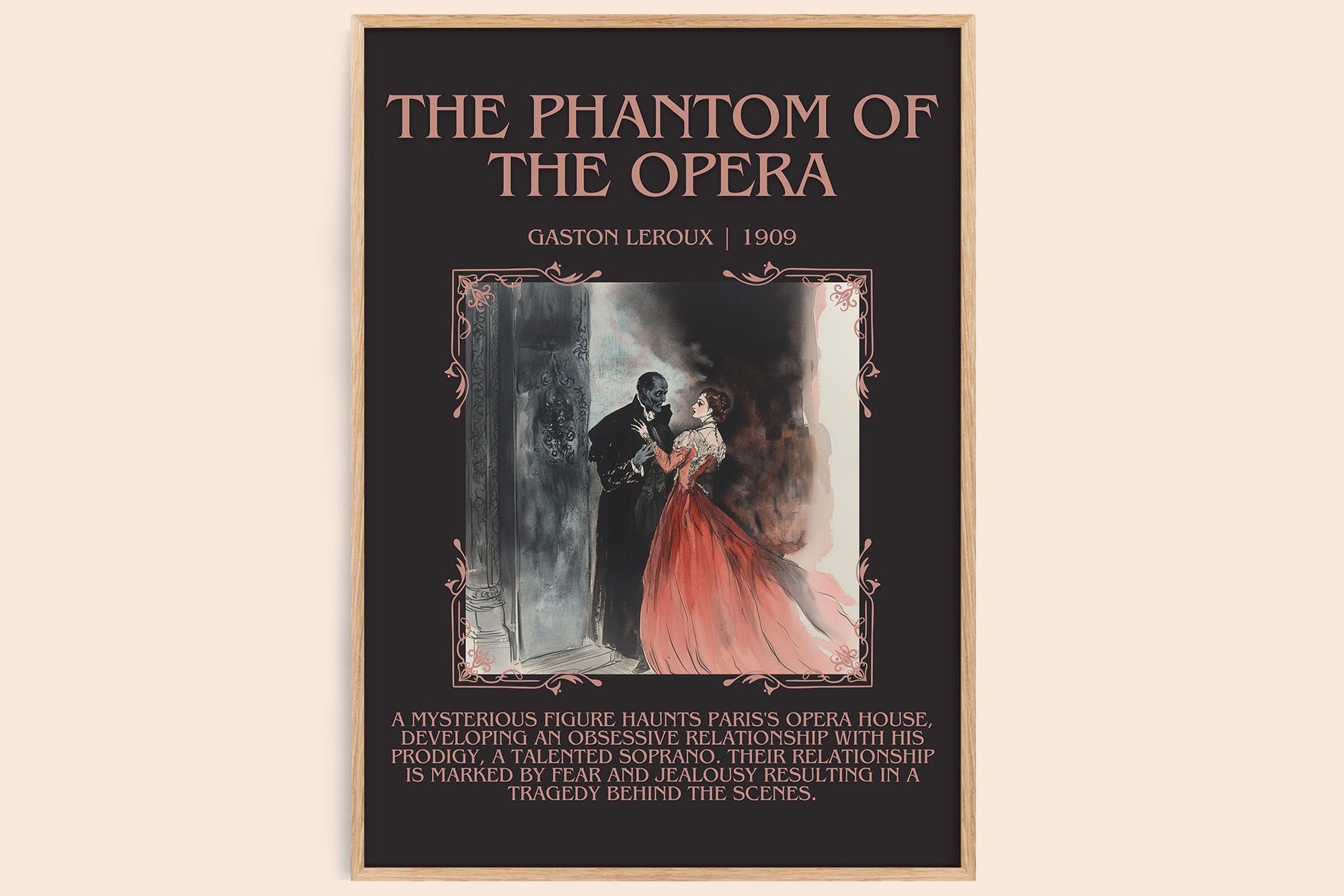 The Phantom of the Opera minimalist book poster by Gaston Leroux – framed literary art print