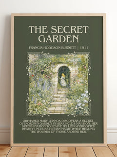 The Secret Garden Minimalist Book Poster by Frances Hodgson Burnett – framed print leaning on a wooden floor