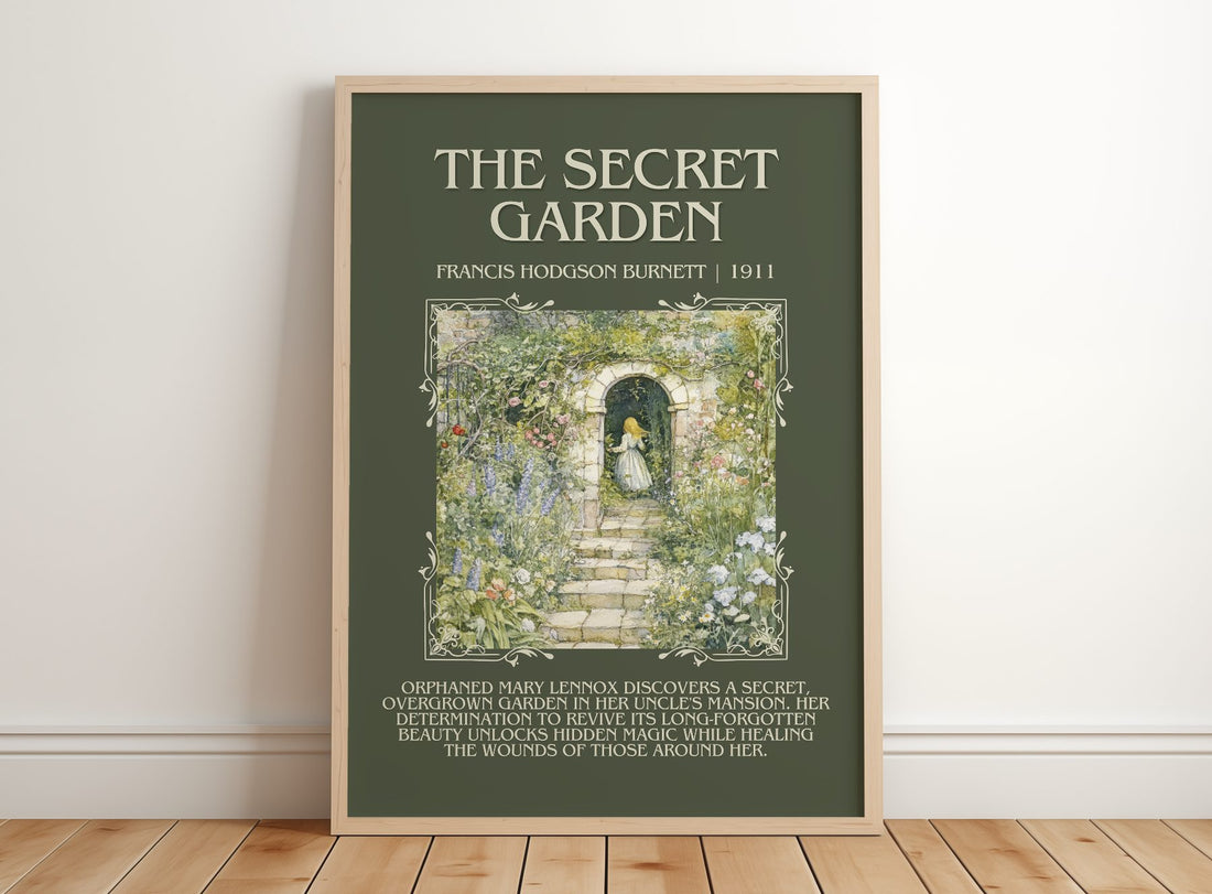 The Secret Garden Minimalist Book Poster by Frances Hodgson Burnett – framed print leaning on a wooden floor