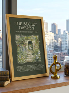 The Secret Garden Minimalist Book Poster by Frances Hodgson Burnett – framed print on a city-view windowsill