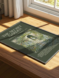 The Secret Garden Minimalist Book Poster by Frances Hodgson Burnett – print on a sunlit desk
