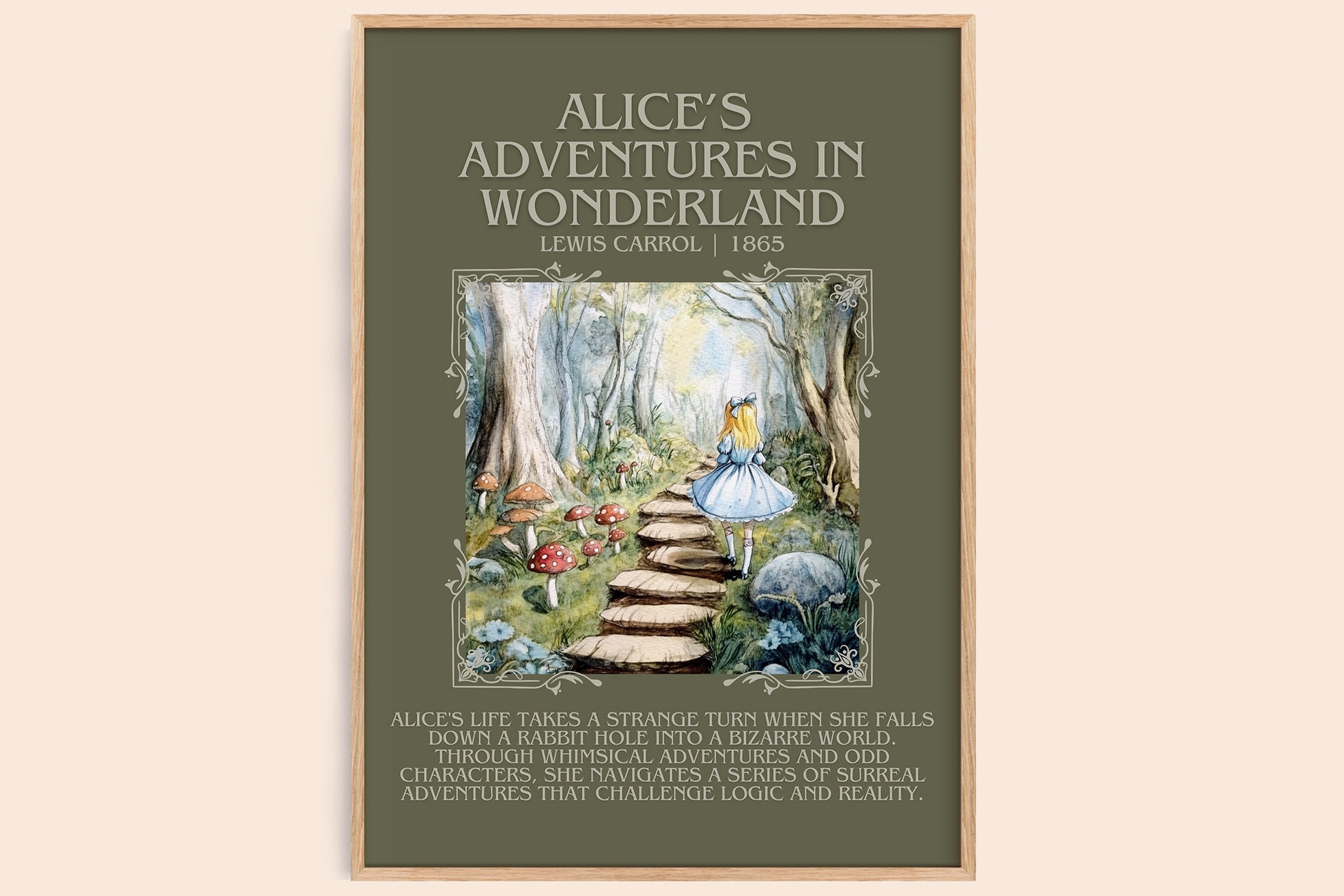 Alice's Adventures in Wonderland minimalist book poster by Lewis Carroll – framed literary art print