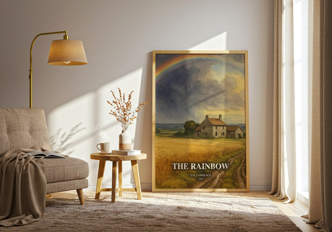 The Rainbow watercolour print in frame leaning in hallway – literary fiction wall art (mockup)